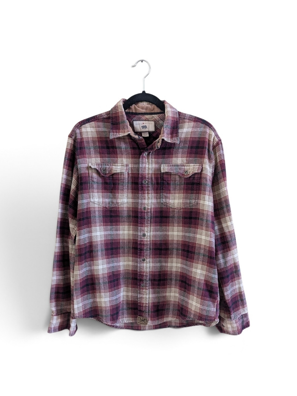 Dakota Grizzly Men's Snap Flannel Shirt Large Plaid Corduroy Collar Burgundy